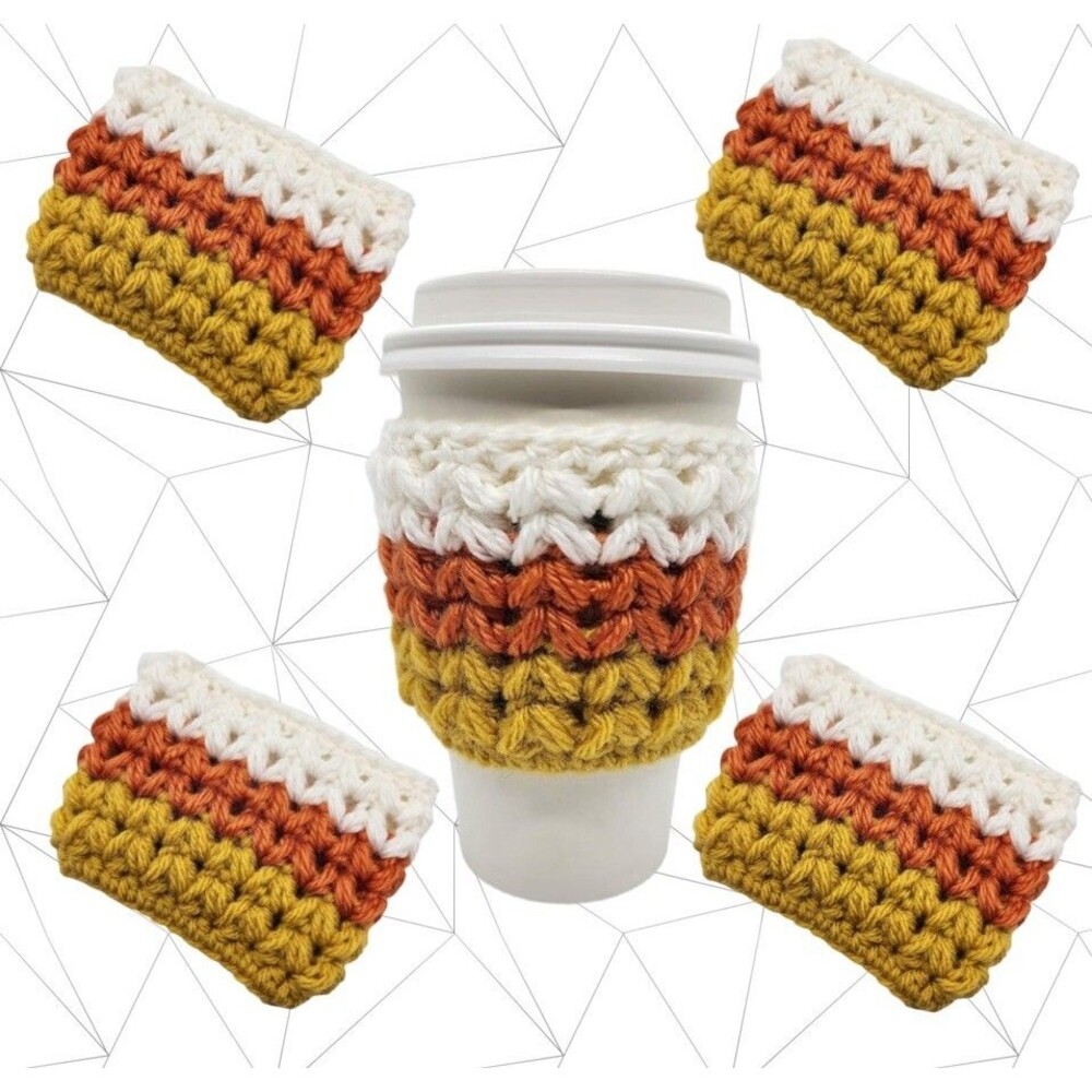 Handmade Crochet Coffee Cup Cozy Sleeve Holder Fall Caroling Set Of 5 Retro NEW